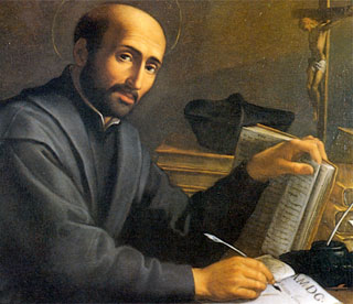 This painting depicts Ignatius writing the Constitutions, the rules of the Society of Jesus.  The painting was done at the time of Ignatius' beatification in 1609.  Ignatius began the Constitutuions in 1541. These statutes were approved by the first General Congregation in 1558.